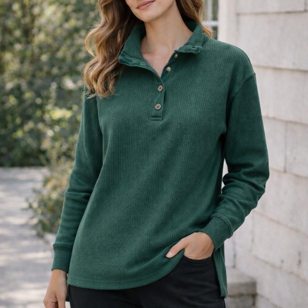 Victoria's Secret Vintage 90s Country Green Ribbed Knit Polo Sweatshirt SZ Large